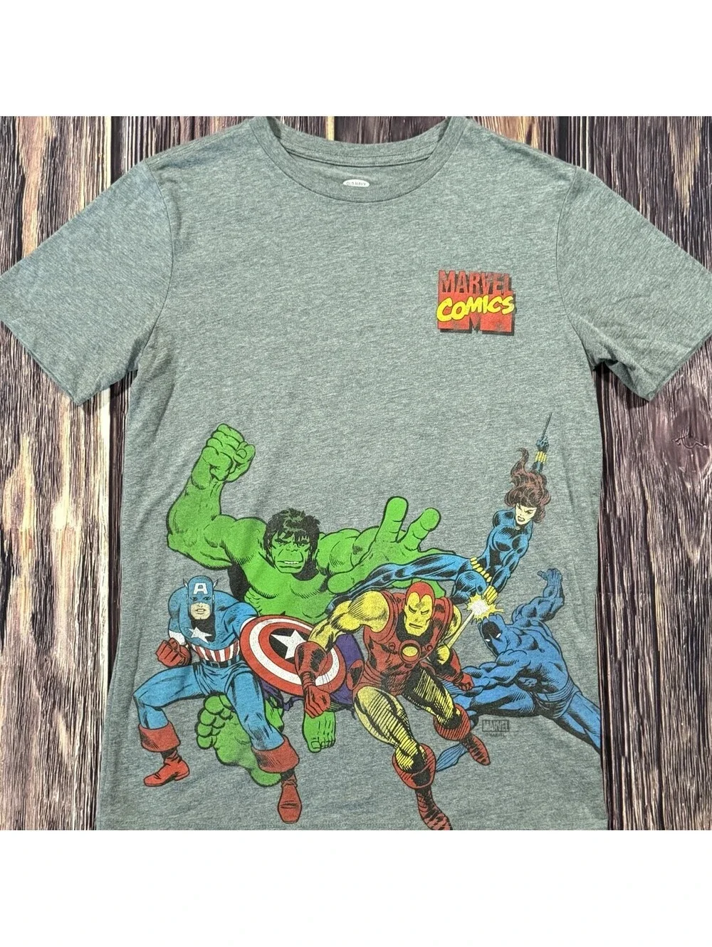 Old Navy Marvel Boys XL 14/16 Gray Hulk Iron Man Captain America Graphic Tee